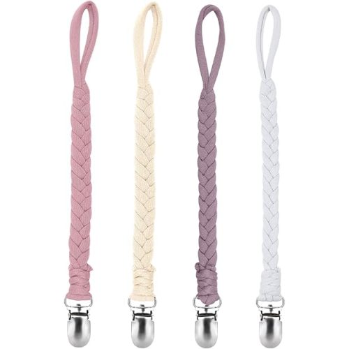 Pacifier Clip Holder for Boy and Girl Unisex Design Universal Handmade Braided Rope Paci Clip Easy to Use 4 Pack(Purple)