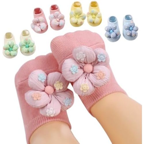 4 Packs Baby Socks for Girls,Flower Non Slip Socks for Newborn Infant Preemie Cute Princess Dress Ankle Sock