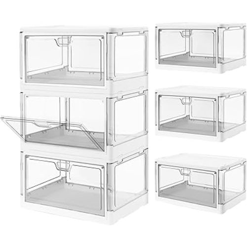 3-Pack Clear Stackable Storage Bins with Lids Magnetic Doors Open Front Foldable Folding Plastic Craft Containers Large Closet Organizers Box for Bedrooms Living Rooms Study Kids' Toys 24 QT