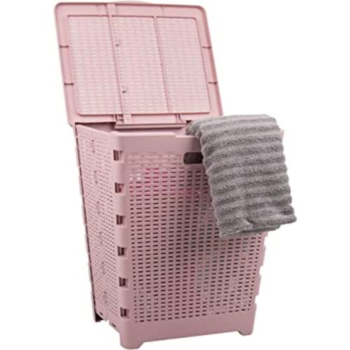 Mind Reader Basket Collection, Foldable Laundry Hamper, 61 Liter (10kg/22lbs) Capacity, Cut Out Handles, Attached Hinged Lid, Ventilated, 14.5"L x 18"W x 21.25"H, Pink