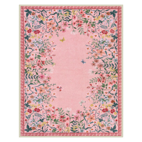 Vintage Floral Border Cashmere Washable Area Rug - Soft Elegant Design for Living Room, Bedroom, or Dining Room Decor