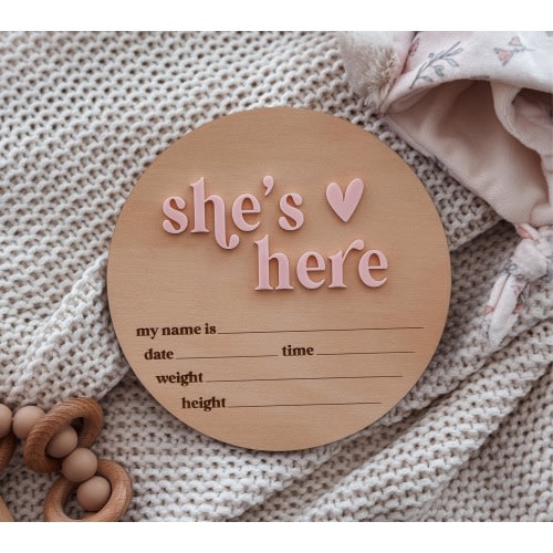 She's Here Baby Announcement Plaque | He's Here | Newborn Birth Announcement Sign | Baby Arrival Hospital Sign | Baby Gift | It's A Girl