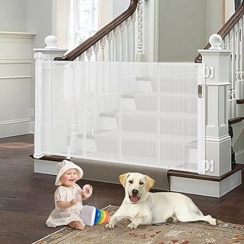 Reinforced Retractable Baby Gate for Stairs with Support Rods, Extends up to 55" Wide, Adjustable Latches Dog Gate for Stairway Mesh Pet Gate Banister to Wall Toddler Gates for Staircase (White)