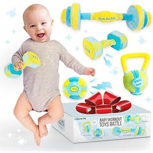Skywin Baby Workout Toys Fit Training - Baby Shower Set of 4 Soft, Durable and Safe Plush Baby Rattle Toys for Ages 0+