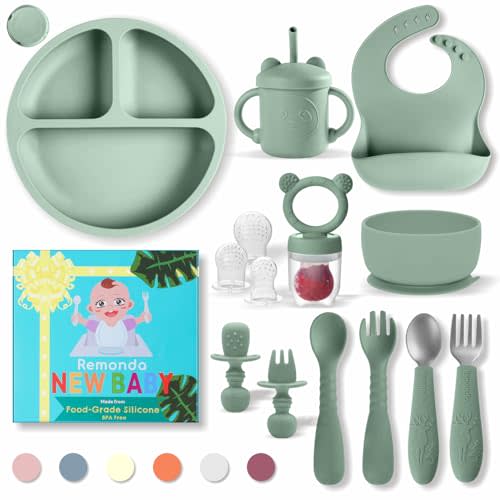 Remonda Baby Led Weaning Supplies,Silicone Baby Feeding Set, Baby Gifts,Suction Plate Bowl Set, Self Feeding Utensil Sets, Bib, Cup, Fruit Feeder, First Stage Eating Essentials, 6+ Months（Green）