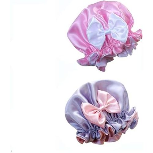 2 Pieces Kids Satin Bonnet for Sleeping, Adjustable Sleeping Cap Soft Silk Flower Night Hats with Cute Bow Design for Natural Hair, Fit for Toddler Child Baby Girls and Boys 2-5 Years Old