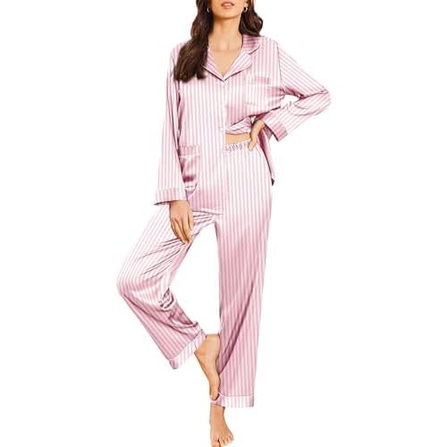 Ekouaer Silk Pajamas for Women Classic Button Down Satin Pajama Sets Long Sleeve Lounge Set