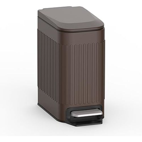 TrashAid Slim Bathroom Trash Can with Lid Soft Close, 6 Liter/1.6 Gallon Stainless Steel Small Garbage Can with Removable Inner Bucket, Step Pedal, Slim Wastebasket for Toilet, Office, Bedroom, Brown