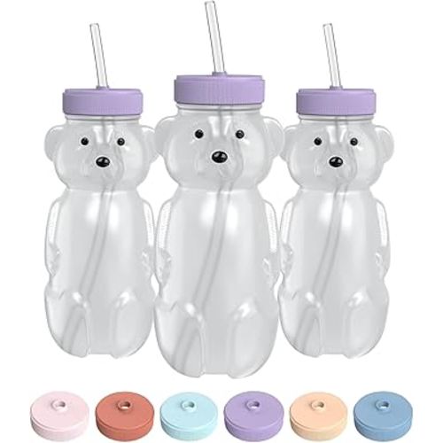 Honey Bear Straw Cup for Babies, 8-oz Honey Bear Cup with Lid, 3-Pack Therapy Learning Honeybear Straw Cup, Baby Honey Bear Bottle Set, Unicorn PURPLE