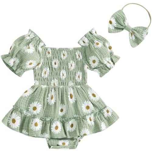 Lesimsam Newborn Baby Girl Clothes Daisy Romper Dress Short Sleeve Smocked Bubble Bodysuit Jumpsuit Cute Summer Outfit