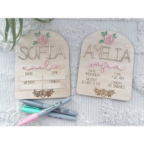Rose Baby Girl Birth Stat Name Sign Floral Wood 3D Name Announcement Birth Stat Sign Floral Nursery Newborn Photo Prop