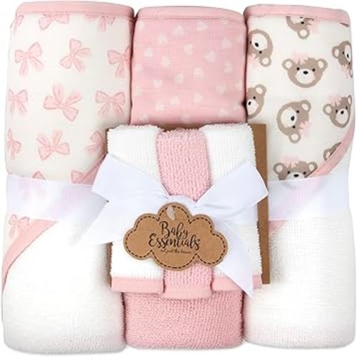 Hooded Baby Bath Towel and Washcloth 6 Piece Set for Newborns, Infants & Toddlers, Boys & Girls Baby Hooded Towels Set (Pink Bows and Teddy Bears)