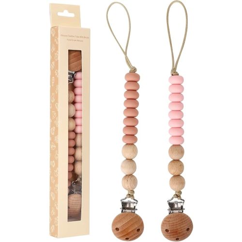 2 Pack Pacifier Holder Clips for Binky & Teether, Silicone Baby Pacifier Clip for Baby Girls(Muted, Pink)