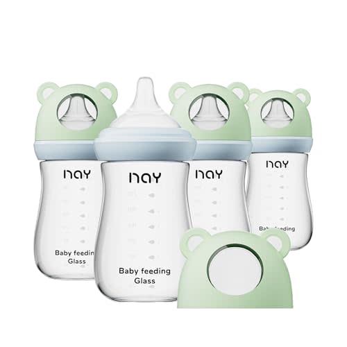 yanyoyo Natural Glass Baby Bottle for Breastfeeding Babies, 8oz Anti-Colic Baby Bottle with Natural Response Nipple(M), Clear, Wide Neck, 4 Pack, 3 Months+