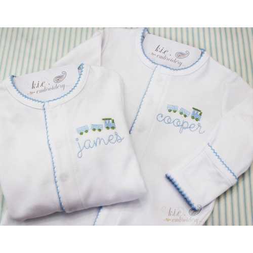 Embroidered Monogrammed Baby Boy Footie / Blue Picot Trim / Train / Baby Shower Gift / Baby Coming Home