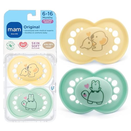 MAM Original Matte Baby Pacifiers 6-16 Months, Binky for Newborn Babies, BPA-Free Skin Soft Silicone Nipple, Easy to Clean, Developed with Medical Experts, 2 Count, with Sterilizer Cas Made in Europe
