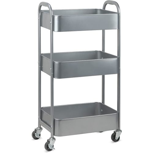 MAX Houser 3-Tier Kitchen Cart Multifunctional Rolling Utility Cart with Lockable Wheels, Storage Craft Art Cart Trolley Organizer Serving Cart Easy Assembly for Office, Bathroom,Kitchen(Silvery-Grey)