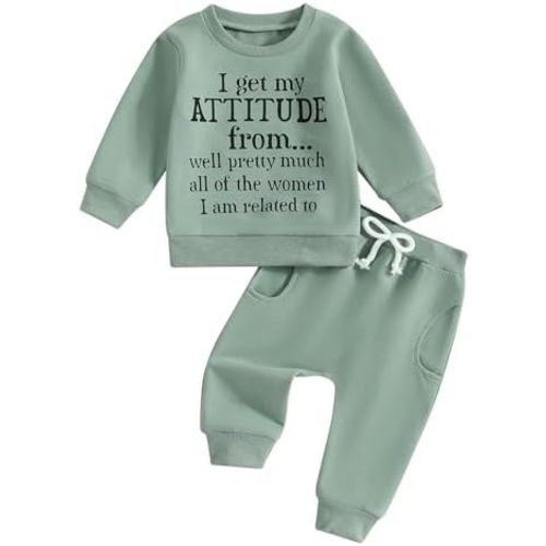 Mandizy Baby Girl Fall Clothes Funny Letter Print Long Sleeve Crew Neck Sweatshirt Casual Pants Set Toddler Winter Outfit