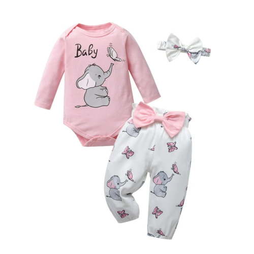 Newborn Baby Girl Clothes Animals Style Long Sleeve Ruffle Romper Pants Set 3PCS Fall Outfits Pink 9-12 Months