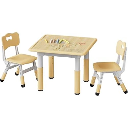 Brelley Kids Table and 2 Chairs Set, Height Adjustable Toddler Desk and Chair Set, Graffiti Desktop, Classroom/Daycare/Home, Children Multi-Activity Table for Ages 2-8