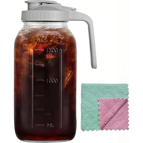 64oz Glass Pitcher Carafes With Handle and Lid, 2 Quart Mason Jar, Large Water Jug, Glass Containers for Fridge, Water Pitcher for Juice, Iced & Sun Tea, Cold Brew Coffee, Homemade Beverage