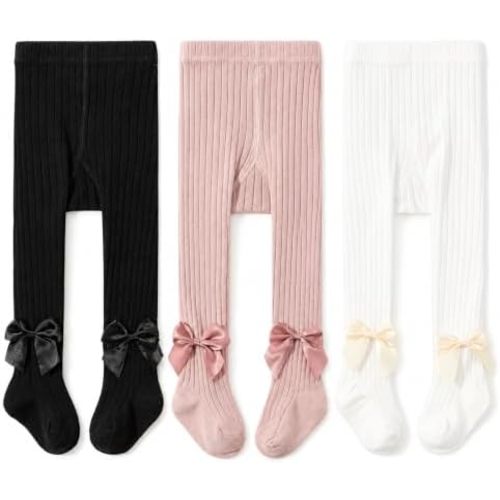 Baby-Girls-Bow-Cable-Knit-Tights Soft-Pantyhose-Leggings-Stockings 3 Pack