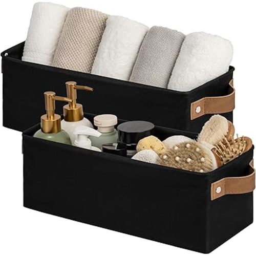 StorageWorks Narrow Storage Bins, Small Basket for Closet and Shelves, Fabric Organizer with Handles, Toilet Paper Storage, Black, 2-Pack