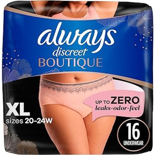 Always Discreet Boutique Adult Incontinence and Postpartum Underwear for Women, Maximum Protection, XL, Rosy, 16 Count (Packaging May Vary)