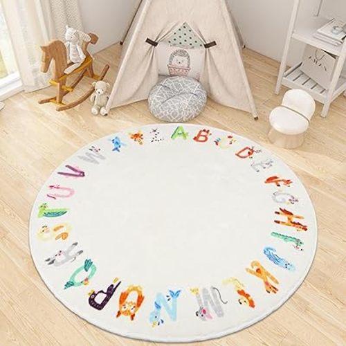 Round ABC Animal Alphabet Playroom Rug, 4 ft Washable Non-Slip Cute Nursery for Kids Room, Educational Play Classroom for Bedroom Decor
