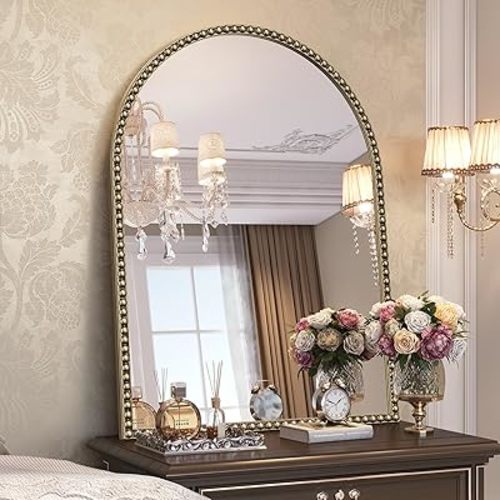 Beaded Arched Mirror for Wall, 24"x32" Gold Arch Bathroom Vanity Mirror, Retro Brass Metal Frame Decorative Mirror for Bedroom Dressing Room Entryway Fireplace
