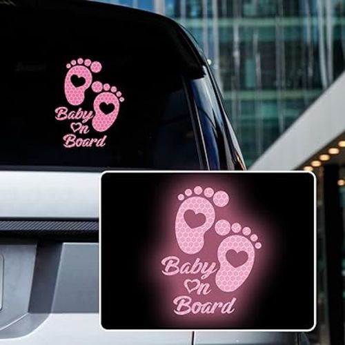 High Intensity Reflective Baby on Board Car Sticker Waterproof Cute Footprint Baby in Car Decal Safety Warning Sign Kids on Board Decal for Car Bumper Window (Pink)