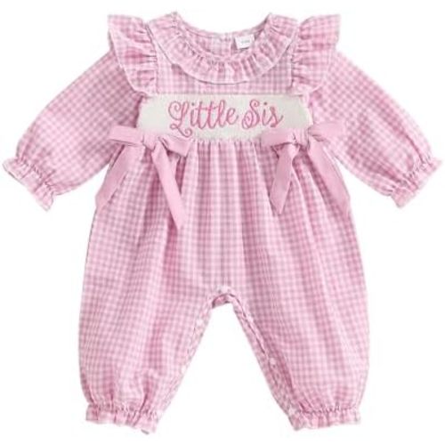 Newborn Baby Girl Clothes Long Sleeve Letter Embroidery Bow Plaid Bubble Onesie Romper Jumpsuit Fall Winter Outfit