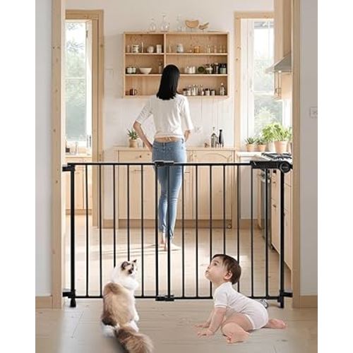 VEVOR Baby Gate, 29.5-43 Inches Adjustable Width, 28 Inches High Dog Gate, No Threshold Bar, Easy Step Walk Thru, for Child Pet Security, with Screws, One-Hand Open, for Stairs and Doorways, Black