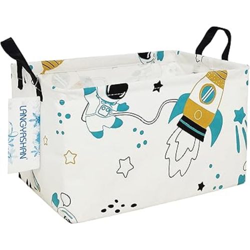 LANGYASHAN Rectangular Storage Bin Collapse Canvas Fabric Cartoon Storage Basket with Handles for Organizing Home Kitchen Boys and Girls Toys Office Closet Shelf Baskets (Rec space astronaut)