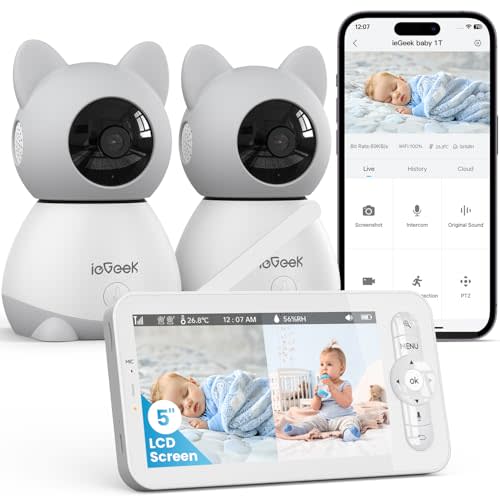 ieGeek Split-Screen Baby Monitor with 2 Camera and Audio-Two 2K Video Monitor with 5" Screen -Night Vision,Two-Way Talk,Cry&Motion Detection,Temper&Humidity Sensor,Remote Control via Screen and APP