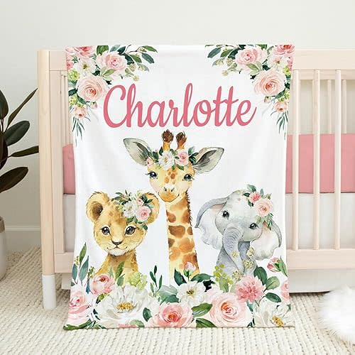 Personalized Baby Blankets for Girls, Custom Baby Blankets with Name for Girls, Animals Baby Girl Blanket Blush Pink Coral Floral Safari Name Blanket, Flowers, Coral Flowers Bedding
