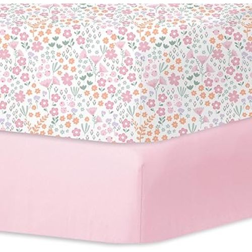 Little Grape Land Crib Sheets for Girls, 2 Pack Crib Fitted Sheets Size 28"x 52" for Standard Crib and Toddler Mattresses, Soft Breathable Microfiber, Ditsy Floral/Pink