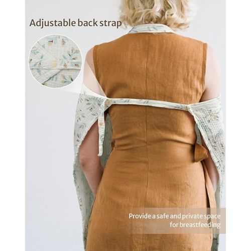 Blissful Diary Muslin Nursing Cover for Breastfeeding, Breathable Breastfeeding Cover up with Arch Neckline for Women, Nursing Apron (Botanical Leaf)