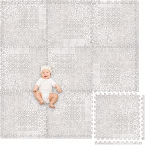 Play Platoon Non-Toxic Extra-Thick Childrens Foam Play Mats for Floor, 9 Tiles - 72 x 72 inch Comfortable Cushioned Foam Floor Puzzle Tiles for Kids & Toddlers with 24 x 24 inch Tiles Sets - Khaki