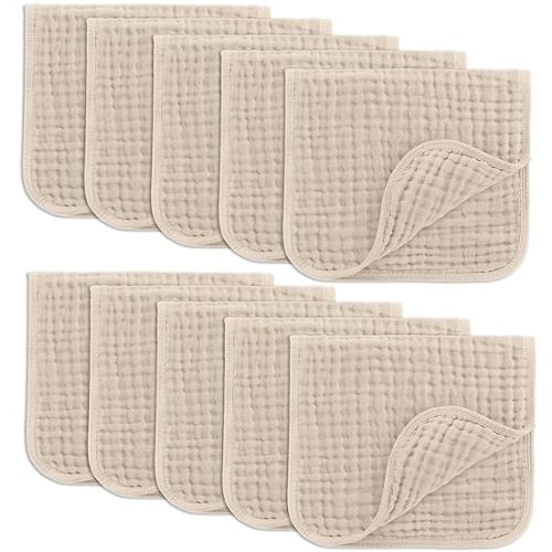 Comfy Cubs Muslin Burp Cloths 20" x 10", Pack of 10 - Large, 6-Layer, Ultra Absorbent 100% Cotton for Baby Drool and Messes - Soft, Safe & Gentle Baby Burp Cloths for Boys & Girls - Sand