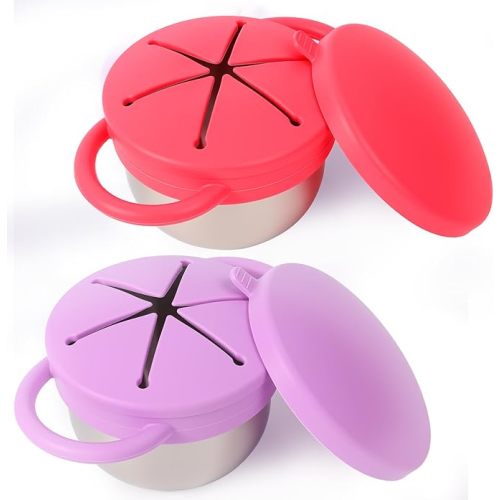 2 Pack Stainless Steel Baby Snack Cups for Toddlers Kids with Silicone Food Catcher, Travel Lid, Spill-Proof Bowl Containers, Toddlers Essentials