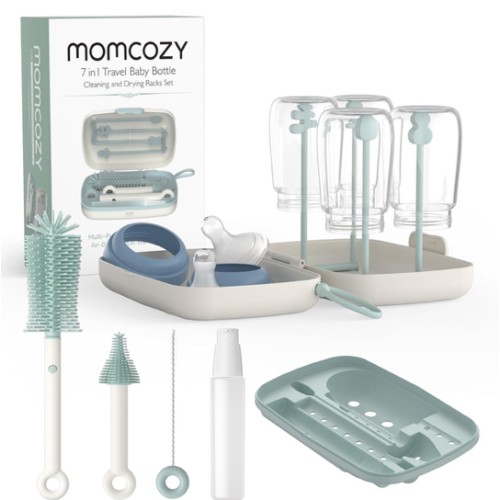Momcozy Bottle Brush Set - Baby Bottle Cleaner Kit with Silicone Brush, Nipple Brush, Straw Brush, Soap Dispenser, Drying Rack - 7 in 1 Bottle Cleaning Tool for Home and Travel