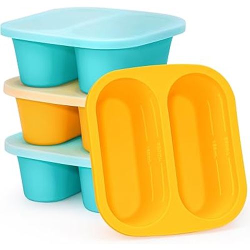 Mossime Silicone Soup Freezer Molds: 1 Cup Silicone Freezer Trays with Lid - 4 Packs Easy Release Soup Freezer Containers - 250ml 125ml Portion Large Cubes for Ice Soup (4, Blue/Yellow)