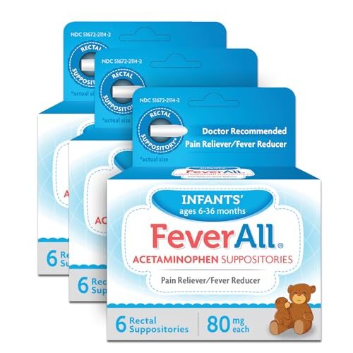 Feverall Infant Acetaminophen Suppositories 6 Rectal Suppositories 80mg Each Pain Reliever/Fever Reducer. Paraben Free, No Artificial Colors or Other preservatives. Ages 6-36 Months. Value 3 Pack.