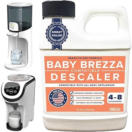 Descaler Compatible with Baby Brezza - 4 to 8 Uses - Descaler for Baby Bottle Dispensers & Washers - 32 oz Universal Cleaning Solution - Safe, All-Natural, Removes Mineral Buildup & Residue
