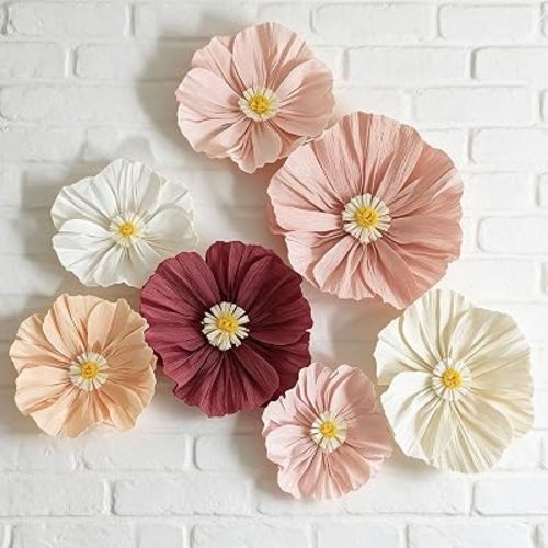 7 PCS Crepe Paper Flowers Decorations - Dusty Rose Burgundy Paper Flowers for Wall Decor, Blush Pink Pom Poms for Wedding Bridal Shower Birthday Bachelorette Party Backdrop Nursery Decor
