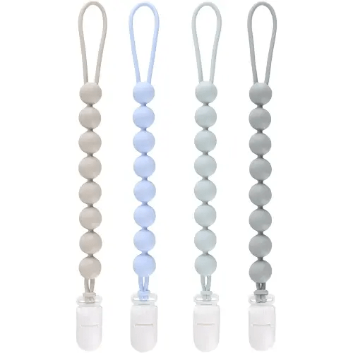 4-Pack Silicone Pacifier Clips for Baby Boys and Girls - with One-Piece Beads, Flexible and Rust-Free Holders for Teething Relief and Baby Essentials - Safe for Newborns (Grey)