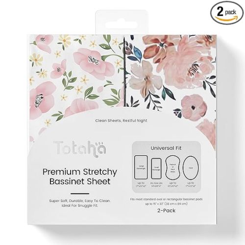 TotAha Premium Stretchy Bassinet Sheets for Baby Girl, Silky Comfort Cradle Sheets Fitted 18 x 36 for Oval, Rectangular, Hourglass Mattress, Hypoallergenic, Buttery Soft 2-Pack (Floral & Pale Pink)