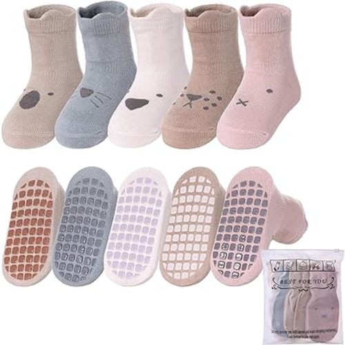 Dosoni Toddlers Non Slip Socks with Grips Baby Girls Boys Anti Skid Crew Cotton Gift Socks for Infants Kids