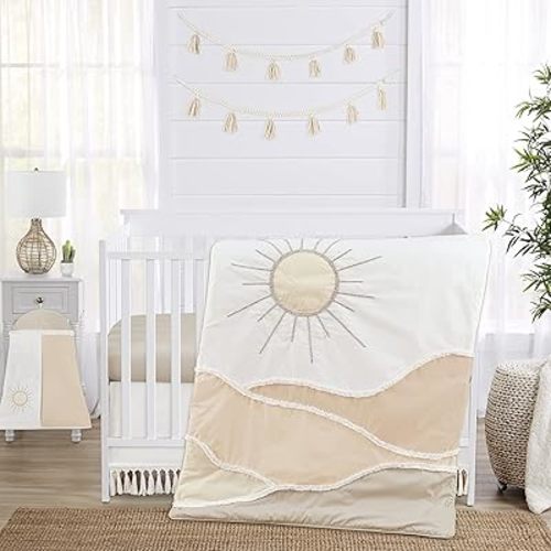Sweet Jojo Designs Boho Desert Sun Taupe Nursery Baby Boy or Girl 4pc Crib Bedding Set Neutral Tan Beige Ivory Gold Cream Off White Bohemian Mountain Nature Outdoors Geometric Minimalist Sunshine